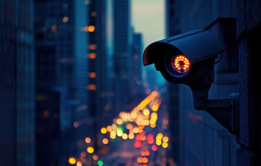 Surveillance Camera Overlooking Cityscape at Dusk