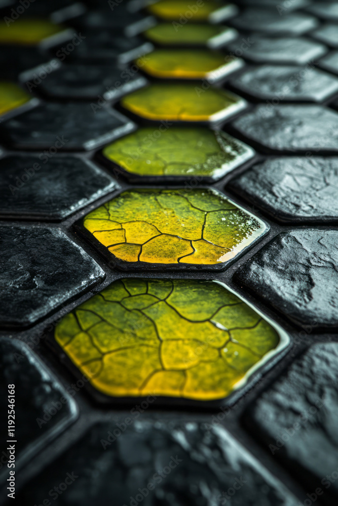 Poster a softly contoured surface of hex tiles, each one lit by chartreuse edges, blending into a jet-black