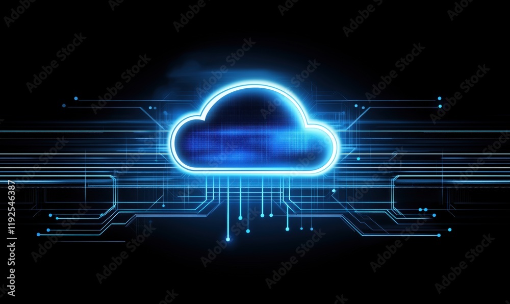 Poster digital cloud technology with glowing blue lines and circuit patterns representing data transfer and