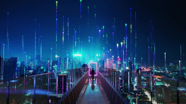 Businessman walking on futuristic glass bridge in smart city
