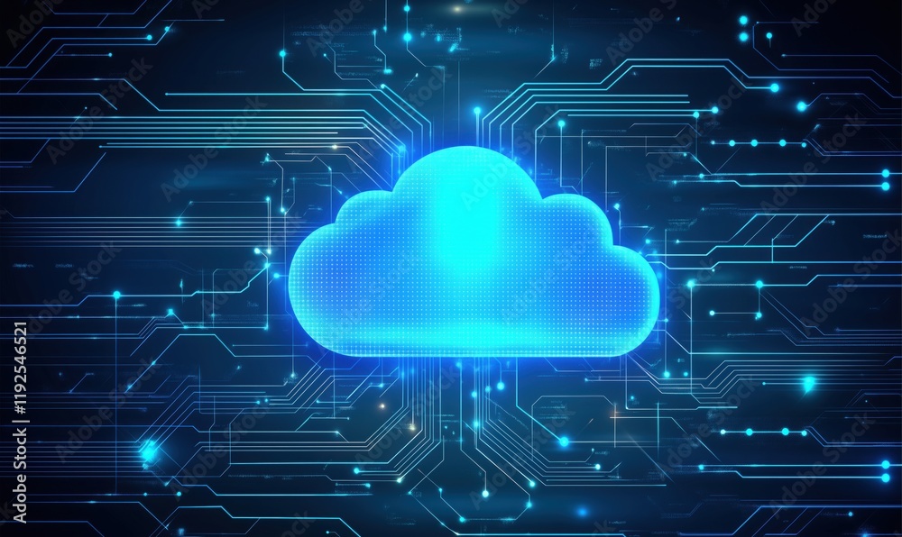 Poster cloud computing technology concept with glowing blue cloud icon surrounded by digital circuit patter