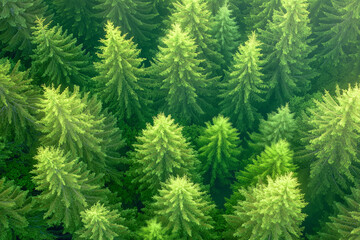 Obraz premium Aerial view of lush green forest with mystical morning fog.