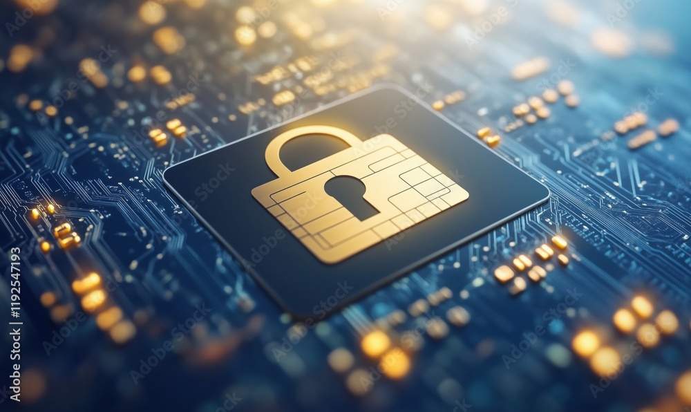 Poster digital security lock symbol on circuit board background representing cybersecurity and data protect