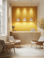 Modern minimalist waiting area with yellow wall and wooden chairs