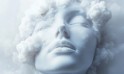 Ethereal Cloud Woman Portrait, Dreamy Facial Features, Soft White Clouds Surrounding Serene Expression, Artistic Representation of Tranquility and Imagination