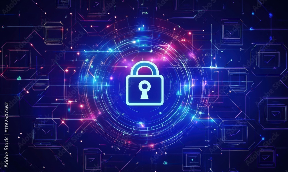 Poster digital security lock symbol surrounded by vibrant glowing circuits and data patterns, representing 