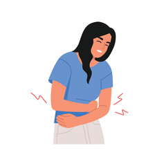 Vector illustration of a girl feeling pain in her stomach. Cartoon scene of a girl suffering, bending over from sharp pain in her stomach isolated on white background. Menstrual cramps. Chronic pain.