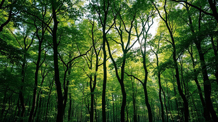 Naklejka premium Sunlight filtering through lush green forest canopy
