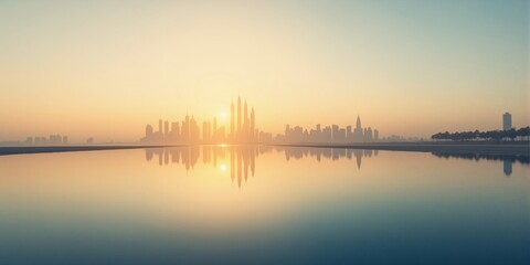 Fototapeta premium Serene Sunrise Cityscape Calm Waters Reflect Modern Skyline