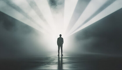 Silhouetted Person Standing in Mystical Fog with Light Rays