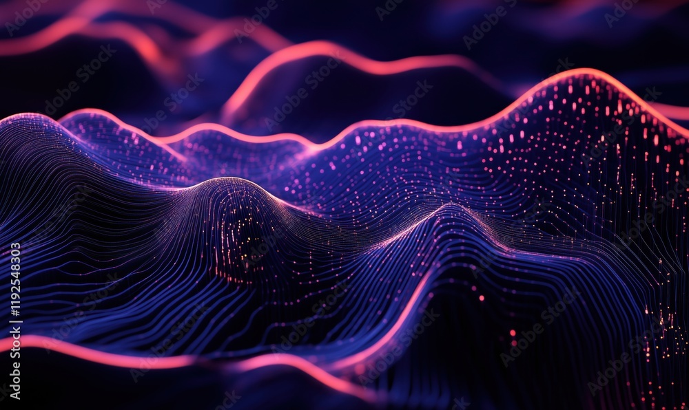 Poster abstract digital landscape with flowing lines and glowing particles, representing data visualization