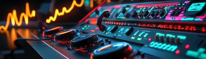 A nostalgic space communication panel with rotary phones, holographic waveforms, and glowing neon backlighting