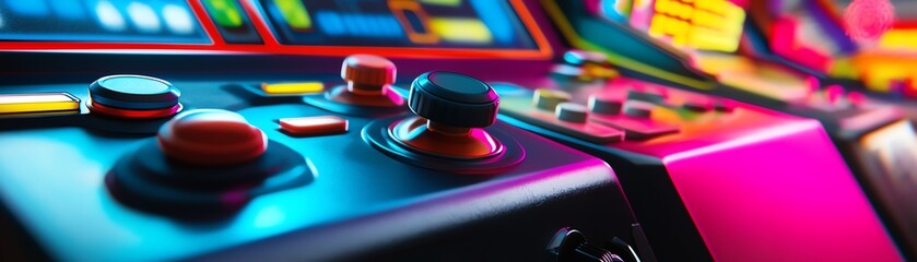 A retro gaming UI overlay featuring pixelated neon graphics, glowing leaderboards, and holographic controls in a vibrant arcade setting