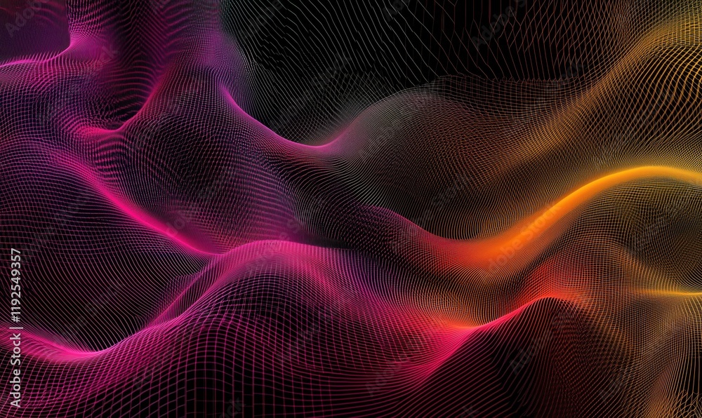 Poster abstract digital waveforms in vibrant pink, purple, and orange colors with intricate mesh grid patte