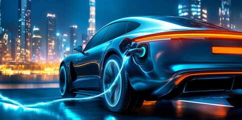 Fototapeta premium Modern electric vehicle charging at night in a futuristic cityscape