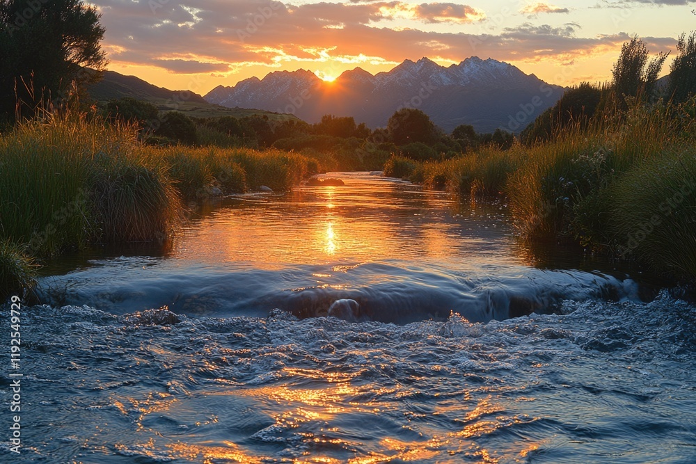Poster a serene scene of the sunset over the mountains with a river flowing in the foreground