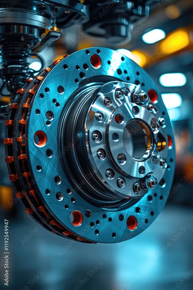 Poster a close-up shot of a machine's front wheel, great for use in mechanical or industrial contexts