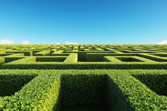 Vast green hedge maze under clear blue sky on a sunny day - Powered by Adobe