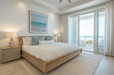 Modern bedroom interior with nautical decor, wooden bed, white pillows, and blue sea landscape artwork