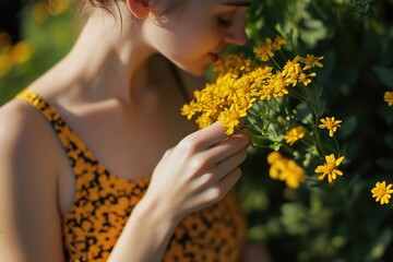 A woman appreciating the scent of a bouquet of bright yellow flowers