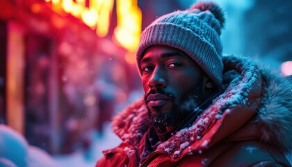 Obraz premium African male in winter gear with snowy urban background and neon lights