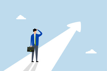 Obraz premium Finding purpose, perplexed entrepreneur targeting future goal arrow 