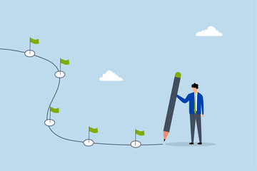 Workflow, entrepreneur sketching workflow line with achievement flag milestones using a pencil. 