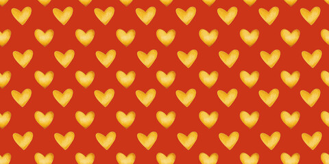 Valentine's Day in watercolor hearts style. I love you xoxo. Cute hand drawn illustration, orange hearts on red background. Valentine's Day, packaging design with hearts. Seamless pattern with hearts.