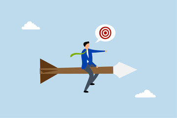 Obraz premium Aiming for target, self assured entrepreneur on a dartboard targeting his goal.