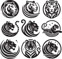 set of black and white Tiger silhouette