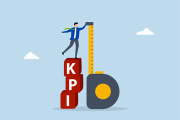 KPI, entrepreneur positioned atop KPI box evaluating performance. 