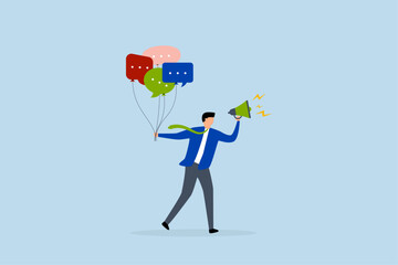 Communication or PR, entrepreneur grasping speech bubble balloons as he addresses with a megaphone. 