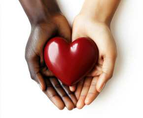 Fototapeta premium Hands of diverse individuals hold a red heart symbolizing love and unity against a neutral background