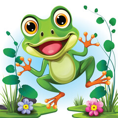 A cute croaking frog jumping surrounded by bright flowers and coastal marsh plants on a blue background. Vector cartoon illustration for decorating children's clothes or designing covers, wallpapers.