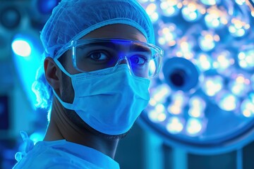 Male caucasian young surgeon in operating room under bright surgical lights