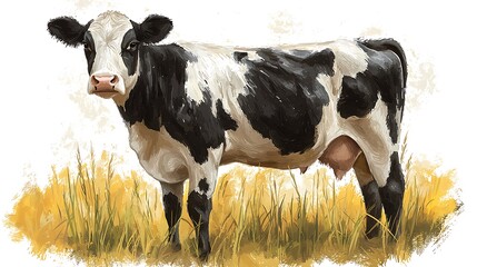 A digital painting of a Holstein Friesian cow standing in a field of tall grass.