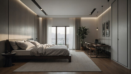 Fototapeta premium Modern Minimalist Bedroom Interior Design: Sunlit City View, Elegant Decor, and Chic Furniture
