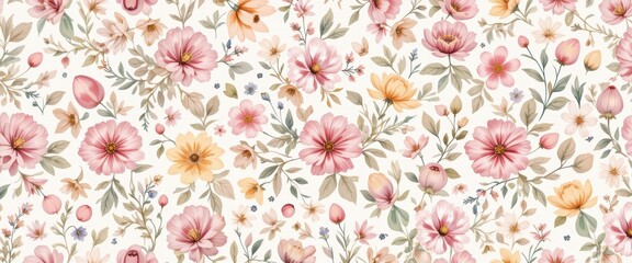 Seamless pattern of pink and orange floral watercolor with green leaves