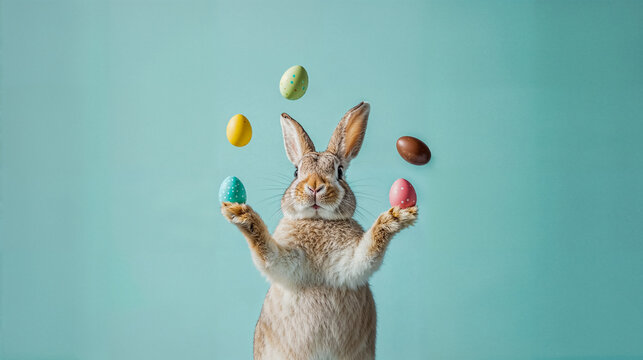 un lapin en train de jongler avec des oeufs en chocolat pour P&acirc;ques