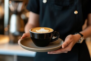Barista holding latte art coffee in black mug on saucer