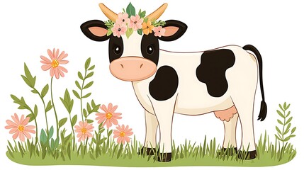 Adorable Cartoon Cow with Flower Crown in a Field of Flowers.