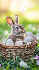 A white rabbit sitting in an Easter basket surrounded by colorful eggs