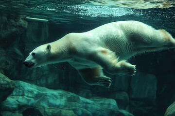 A polar bear swimming gracefully through icy Arctic waters, hunting for seals