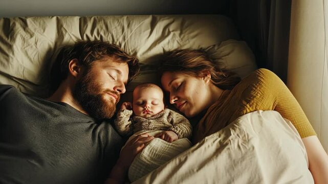 Family enjoys peaceful moment together while sleeping in cozy bedroom with baby in arms
