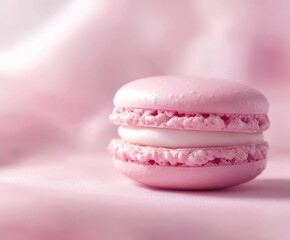 Delicate pink macaron resting on soft fabric in a peaceful setting
