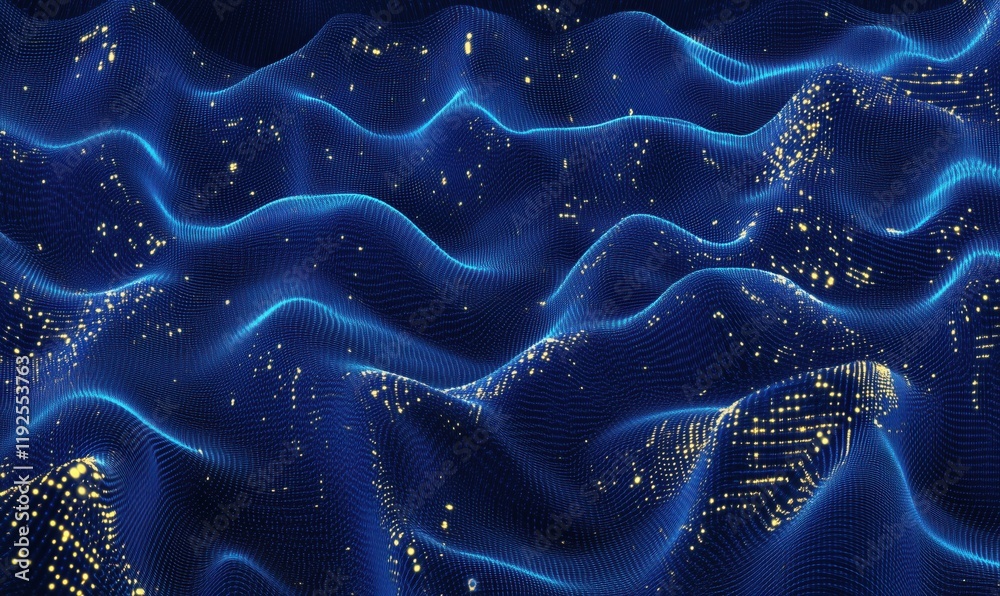 Poster digital wave patterns in blue tones with glowing particles creating a mesmerizing visual effect