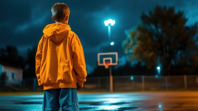 Kid playing basketball at night on court.