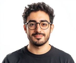 Obraz premium Young man with glasses smiles warmly against a white background showcasing confidence and approachability