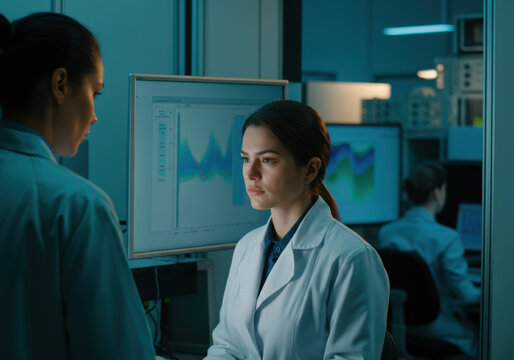 Scientists Collaborate on Data Analysis in Lab