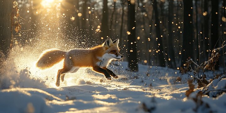 Red fox running in snowy forest at sunset. Winter wildlife scene